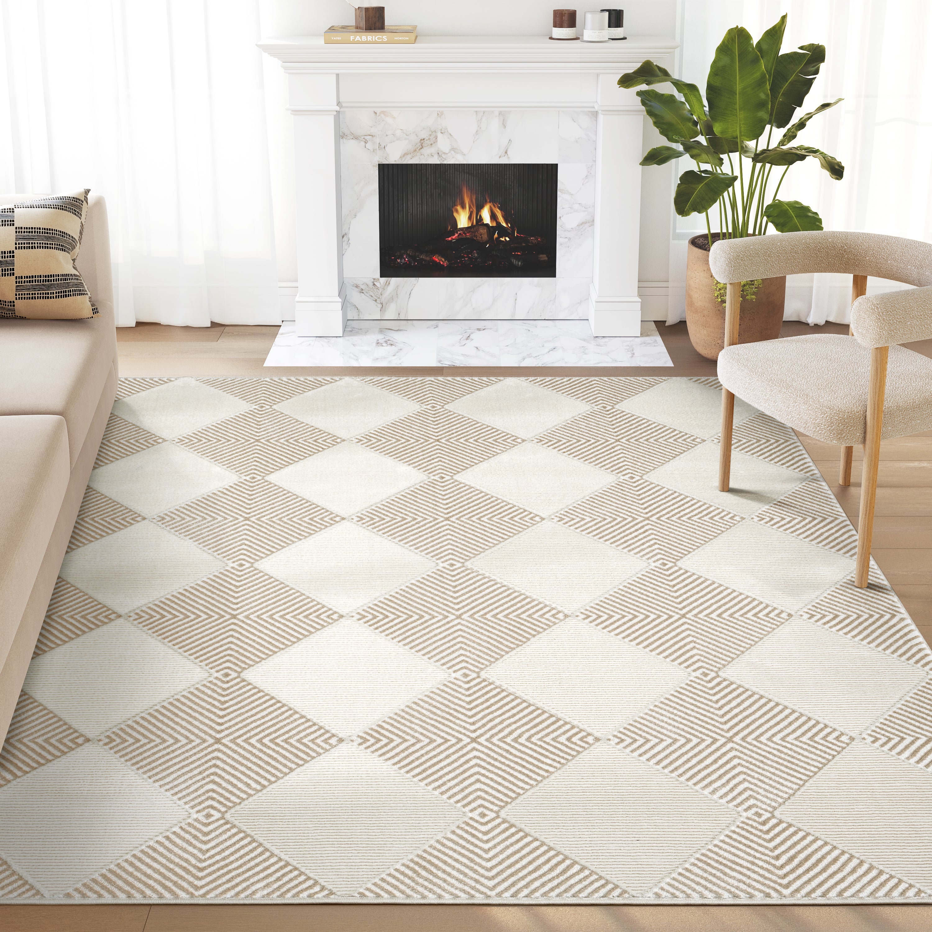 Diamond Checkered Pattern Rug Neutral Diamond Checkerboard Beige Rug – Abanirugs