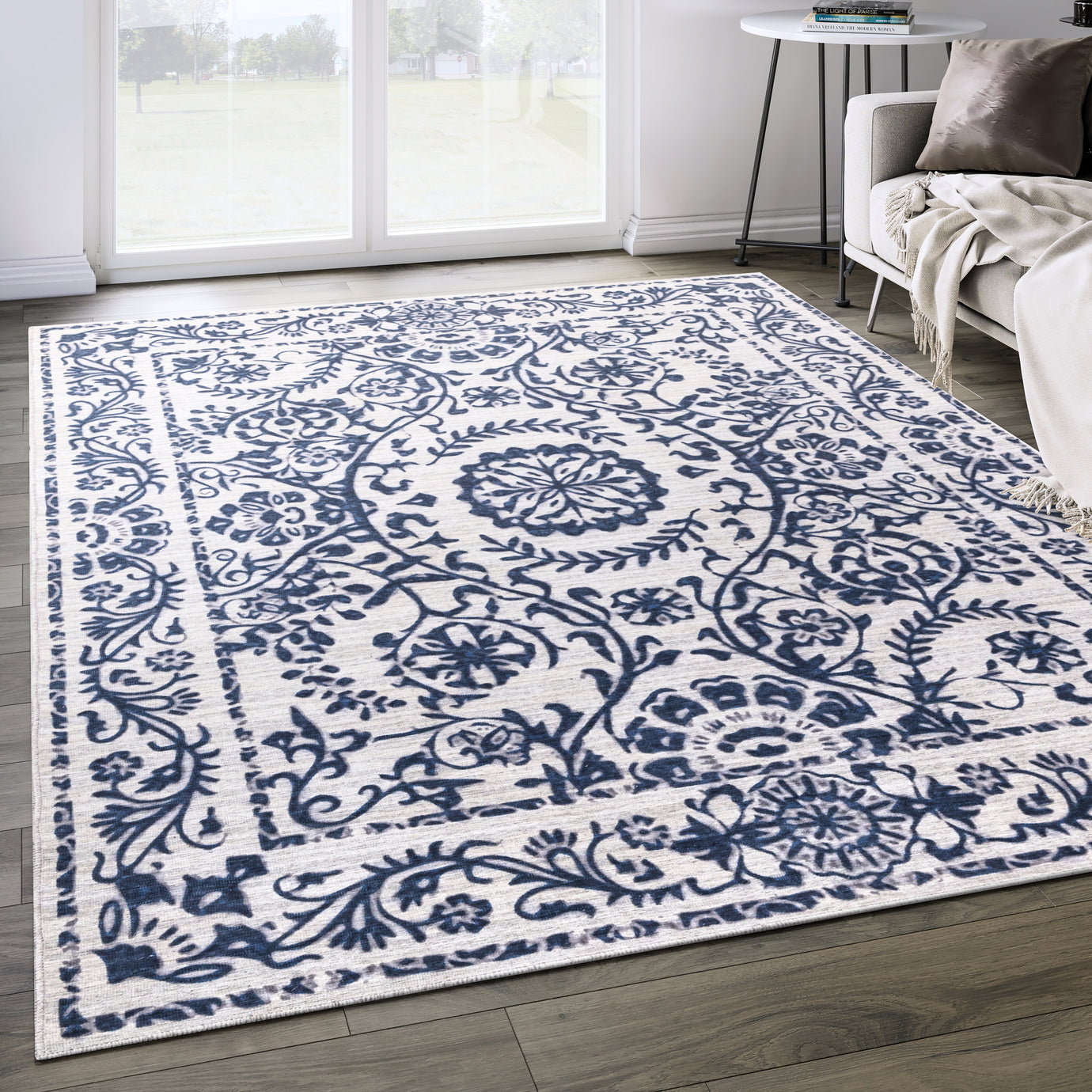 Parker Blue Floral Vines Washable Rug – Abanirugs